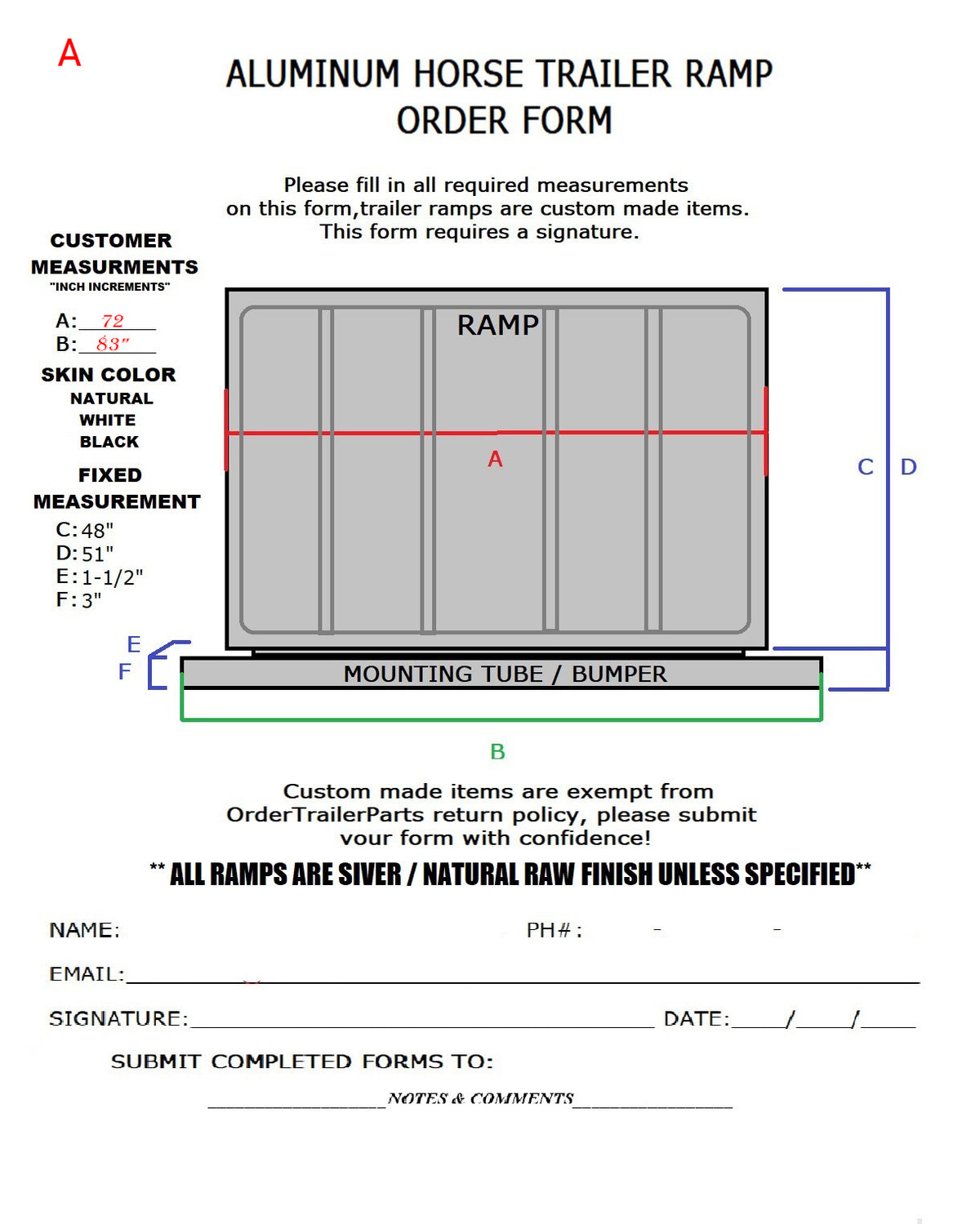 Order form example for Ramp A, 72 inch ramp with 83 inch mounting bumper