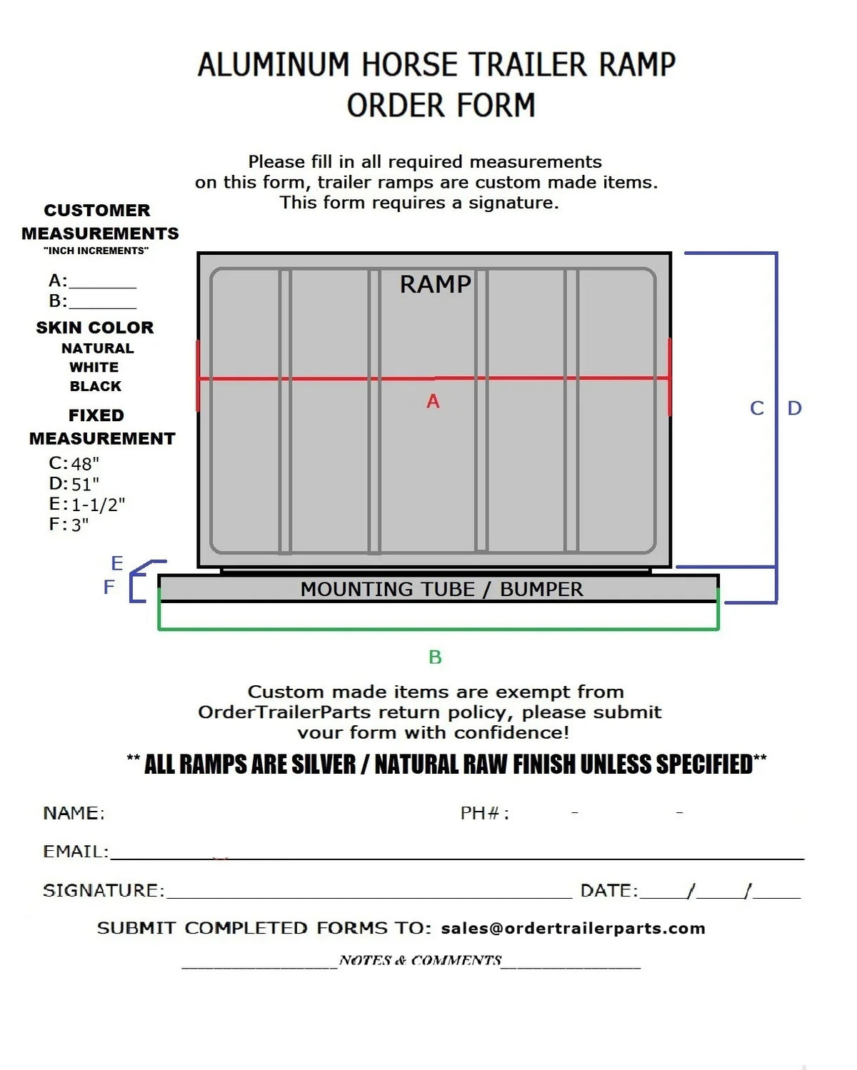 Blank printable order form for a custom aluminum horse trailer ramp