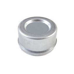 A silver-colored metal dust cap designed for trailer axles.