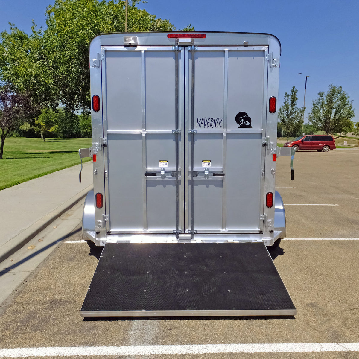 Aluminum rear load ramp fitted to a Maverick horse trailer, alternate view