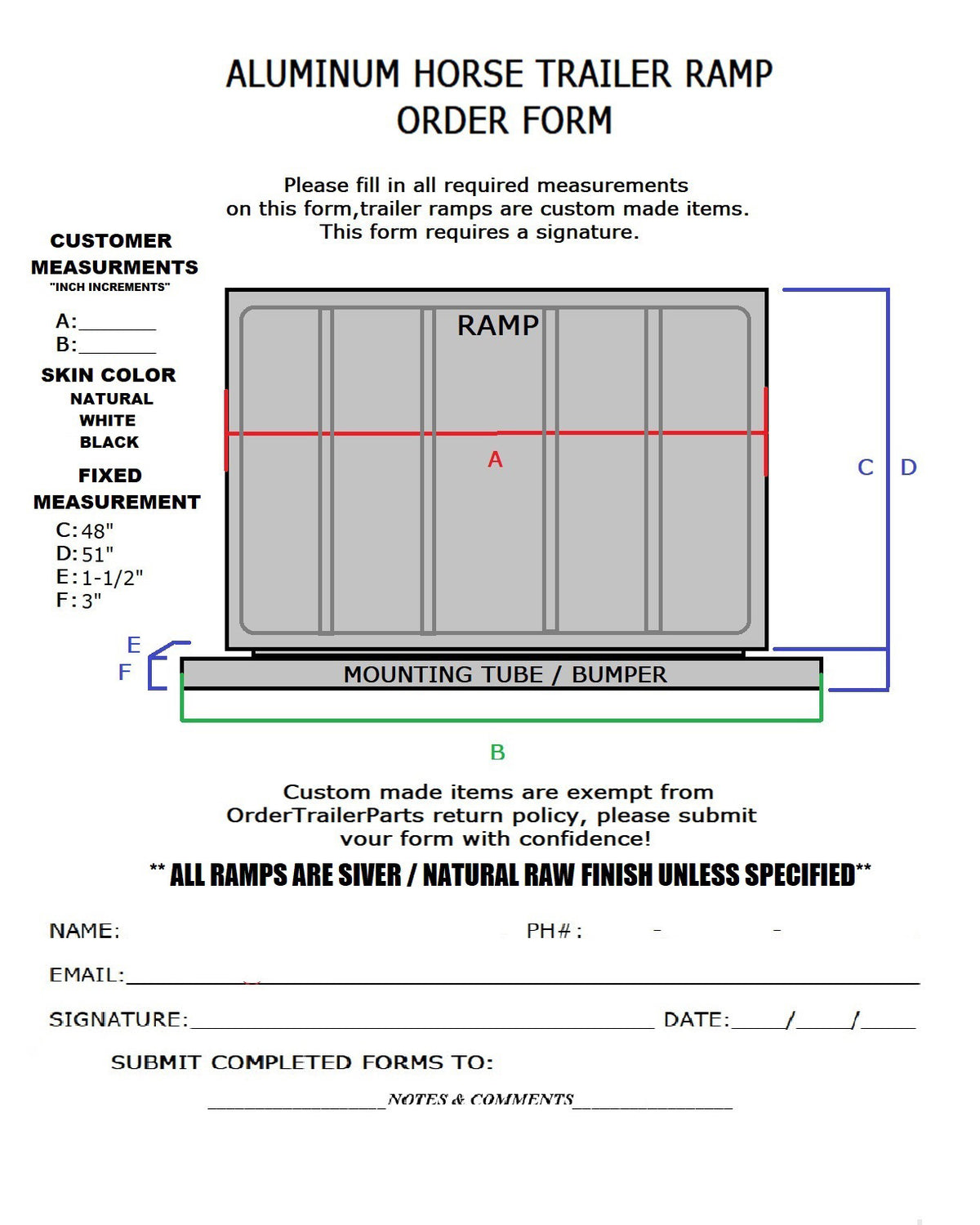 Blank printable order form for a custom aluminum horse trailer ramp