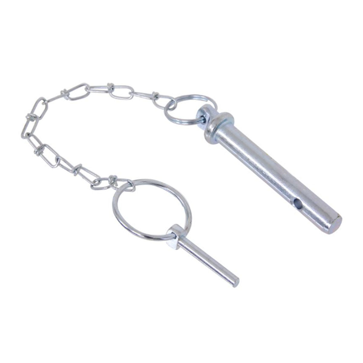 Zinc plated 9/16 inch jack foot keeper pin with retaining chain, rings and lock pin