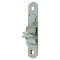 A zinc plated steel cam latch hasp, with one rivet, designed for holding up to a 1-1/4 inch tall cam bar.