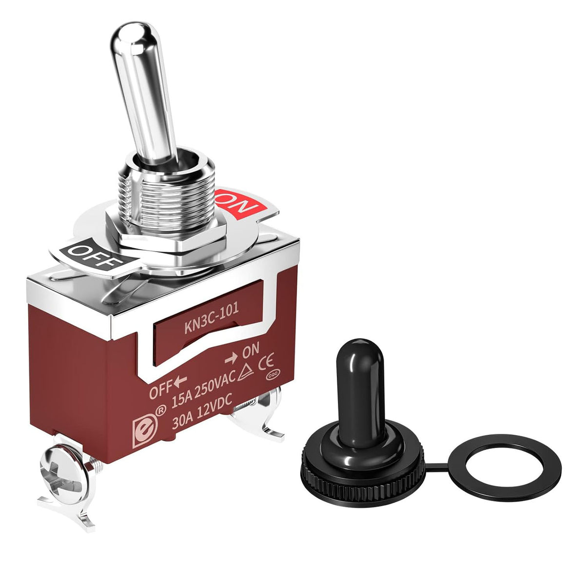 2 pin waterproof toggle switch, 30A 12V on/off, shown with rubber boot cover and mounting nut