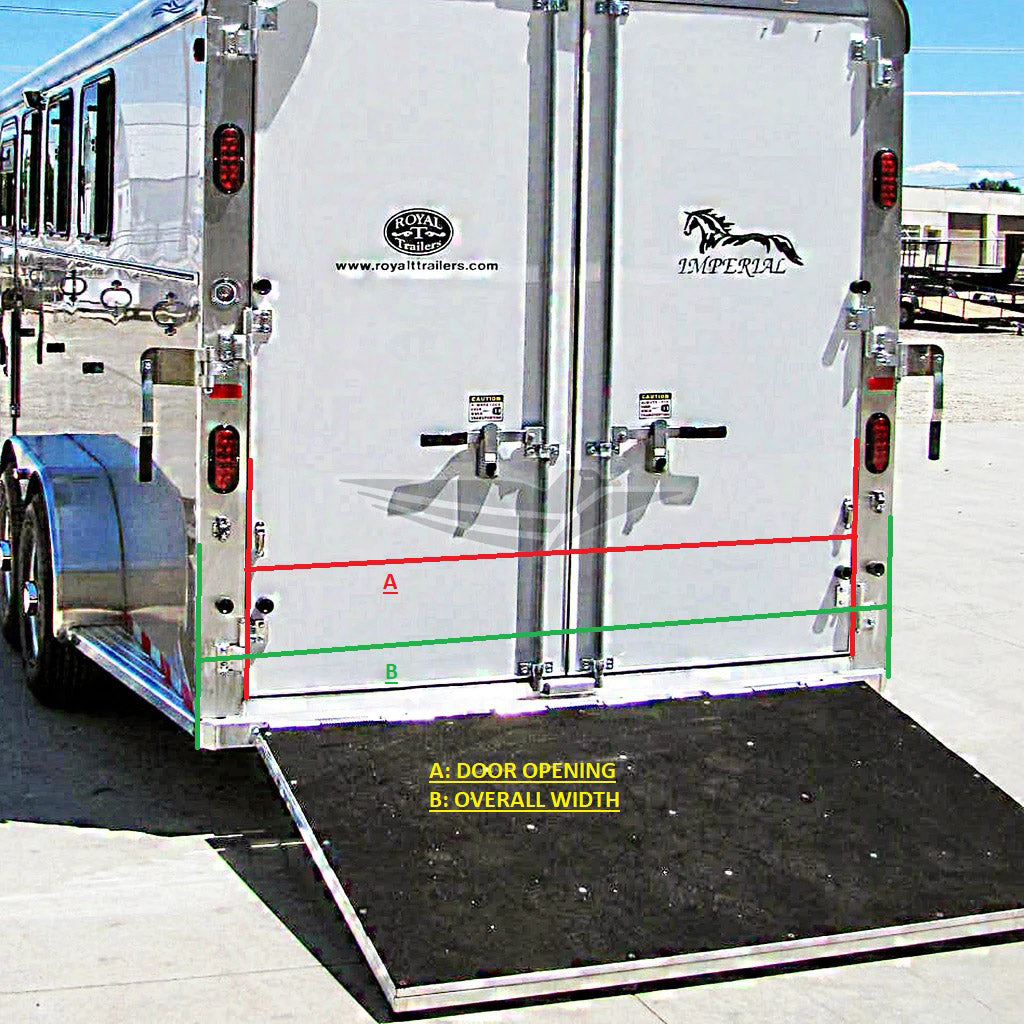 Measurement diagram for a custom aluminum horse trailer ramp showing dimension A and dimension B